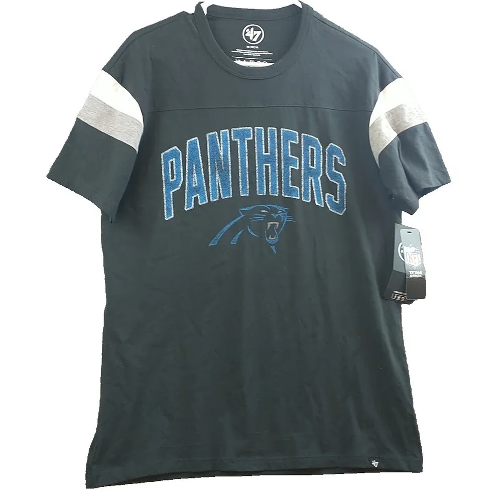 47 Brand Carolina Panthers NFL T-Shirt Mens Medium Black Striped Sleeve NWT